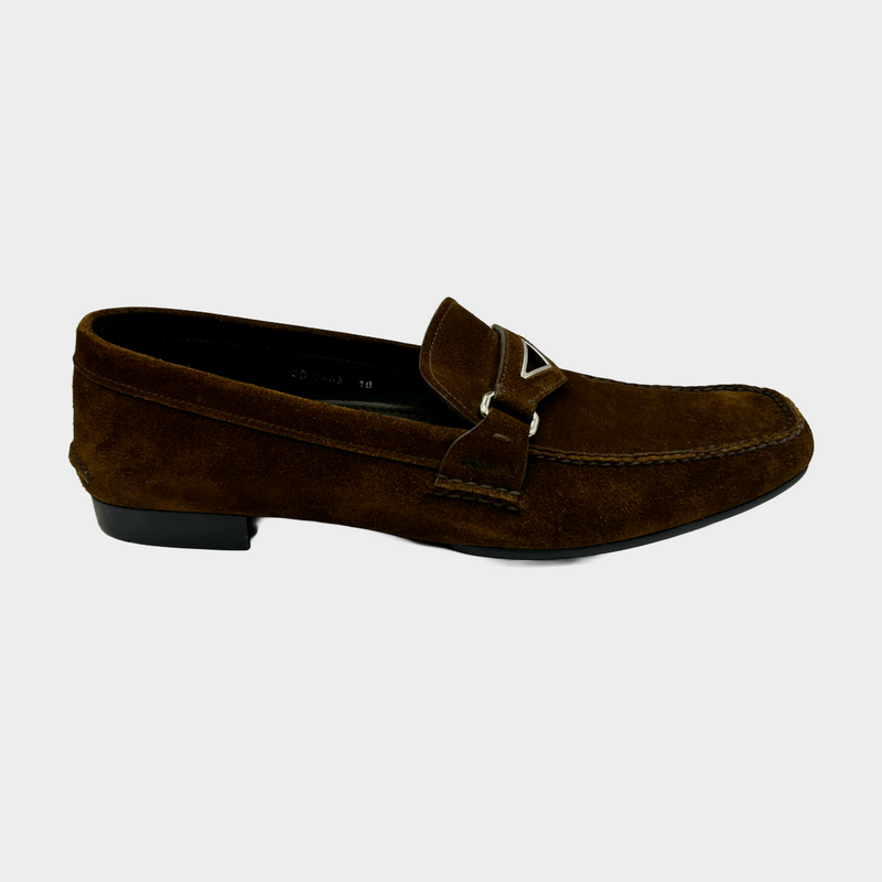 Prada men's brown suede loafers with silver emblem