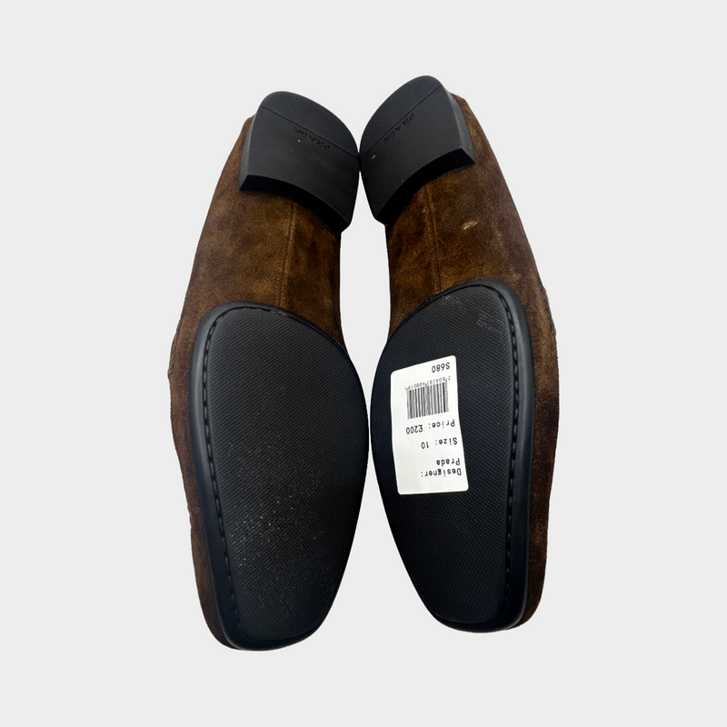 Prada men's brown suede loafers with silver emblem