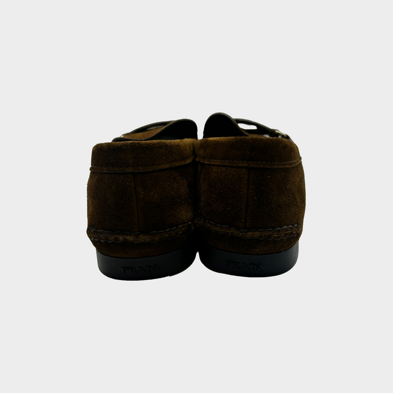 Prada men's brown suede loafers with silver emblem