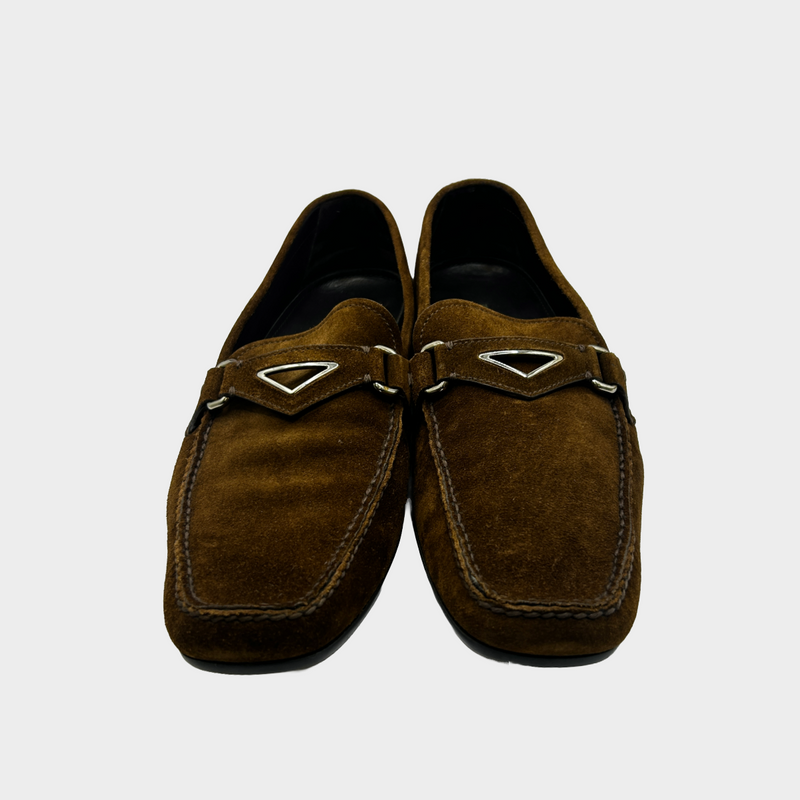 Prada men's brown suede loafers with silver emblem