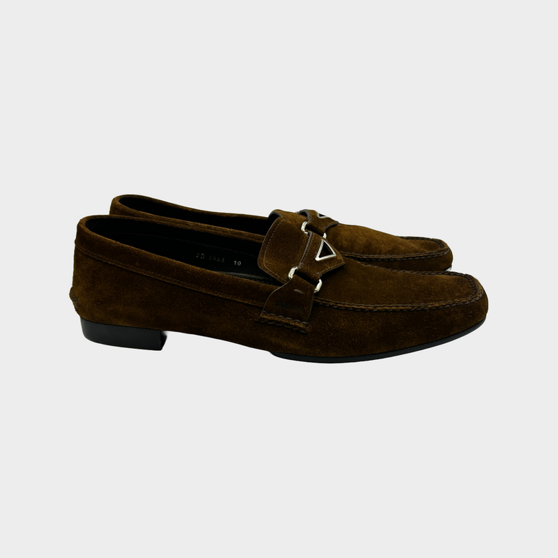 Prada men's brown suede loafers with silver emblem