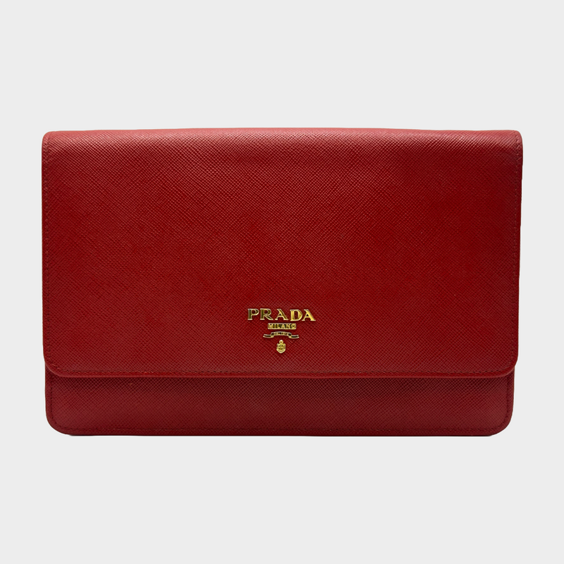 Prada red saffiano leather flap crossbody bag