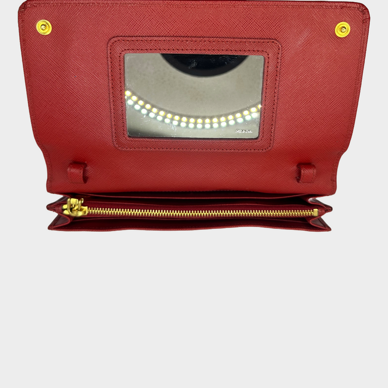 Prada red saffiano leather flap crossbody bag