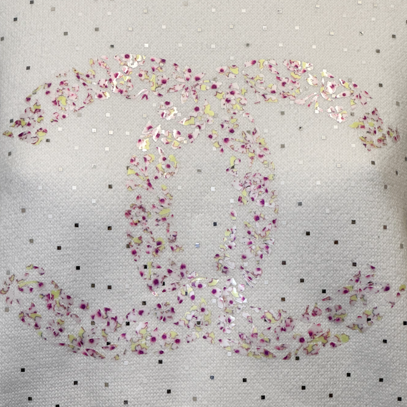 Chanel white cotton sequinned sweatshirt with flower print logo detail