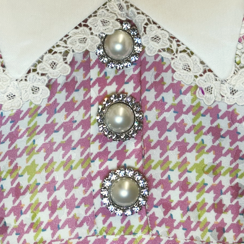Alessandra Rich white and pink houndstooth/checkered print silk mid-length dress