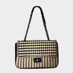 CHANEL black and beige raffia limited edition jumbo flap bag