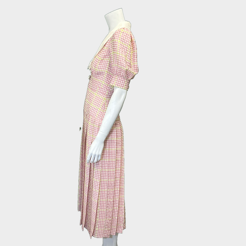 Alessandra Rich white and pink houndstooth/checkered print silk mid-length dress
