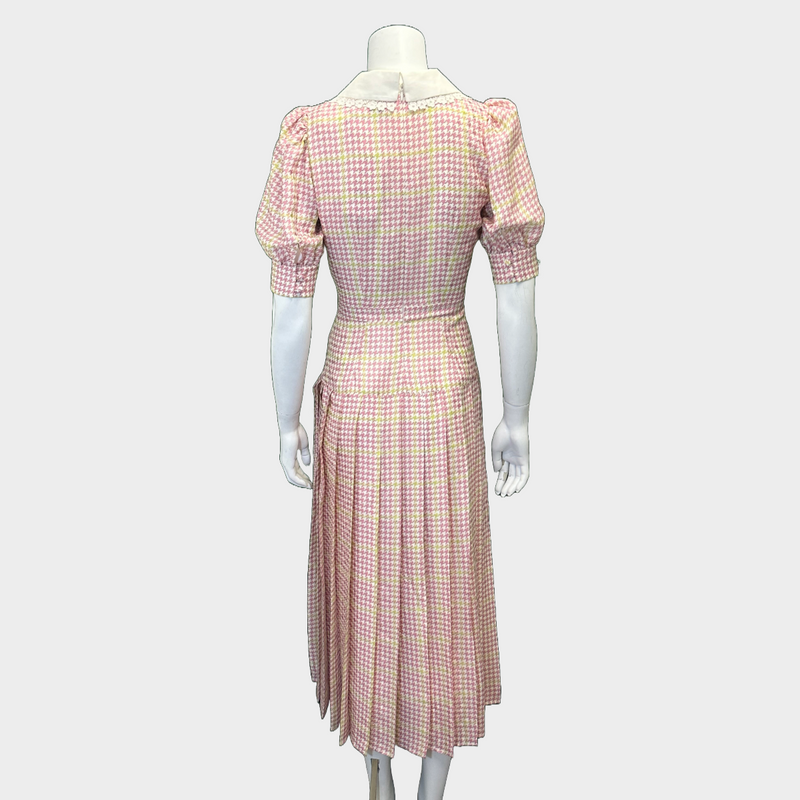 Alessandra Rich white and pink houndstooth/checkered print silk mid-length dress