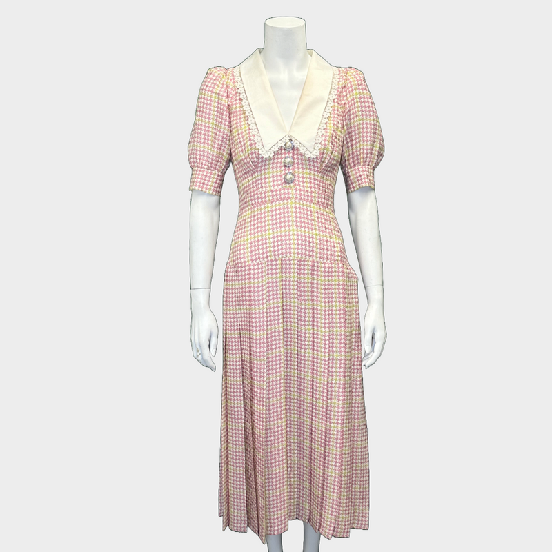 Alessandra Rich white and pink houndstooth/checkered print silk mid-length dress