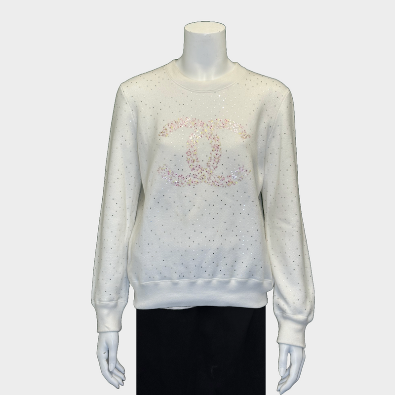 Chanel white cotton sequinned sweatshirt with flower print logo detail