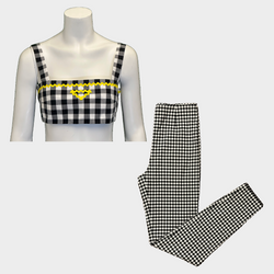 Prada women's black and white checkered set of top and trousers with yellow logo detail