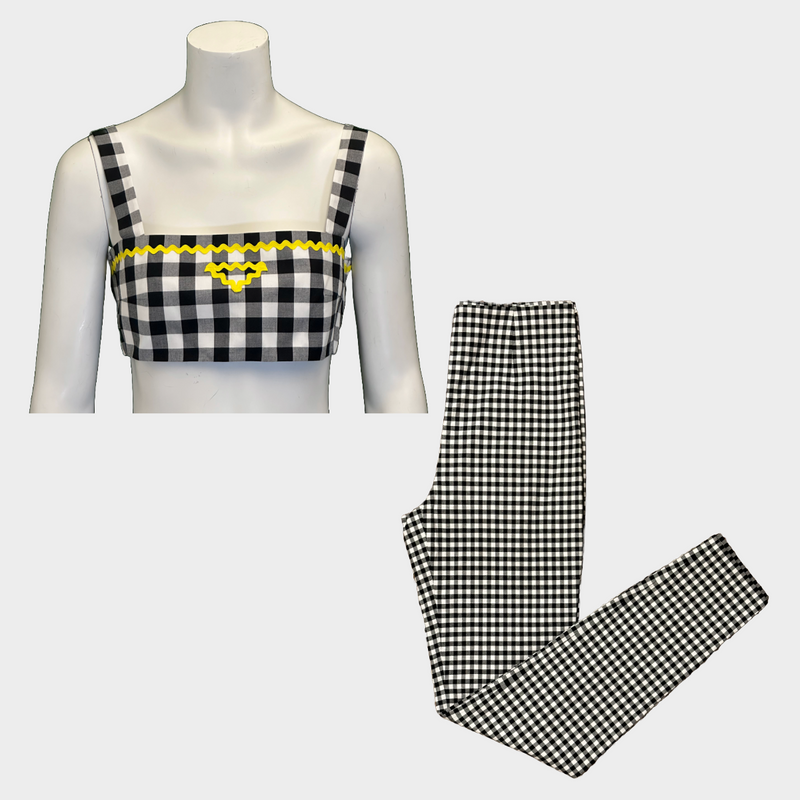 Prada women's black and white checkered set of top and trousers with yellow logo detail
