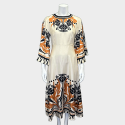 La Double J ecru and beige printed silk dress with flared sleeves