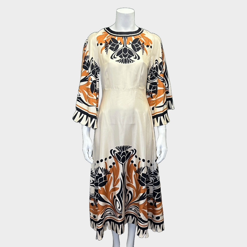 La Double J ecru and beige printed silk dress with flared sleeves