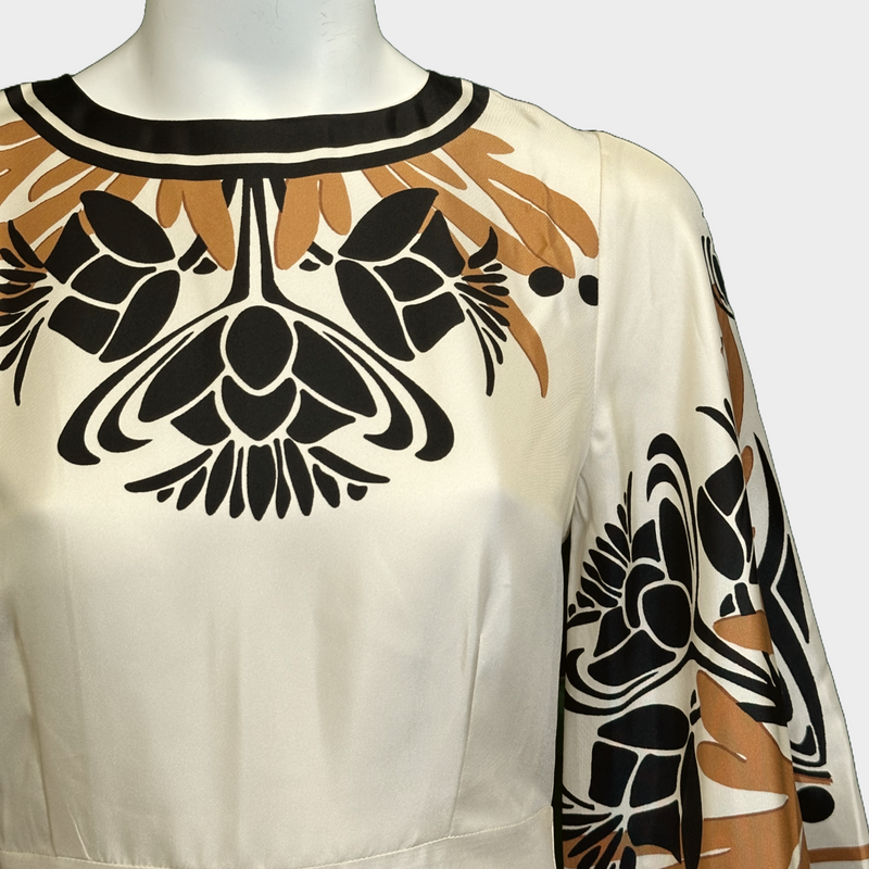 La Double J ecru and beige printed silk dress with flared sleeves