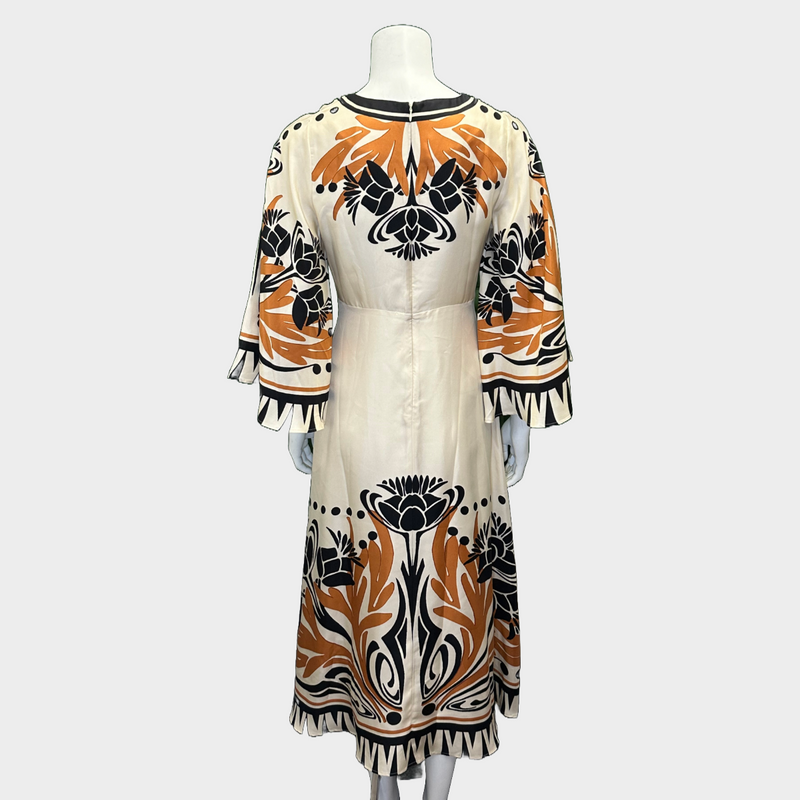 La Double J ecru and beige printed silk dress with flared sleeves