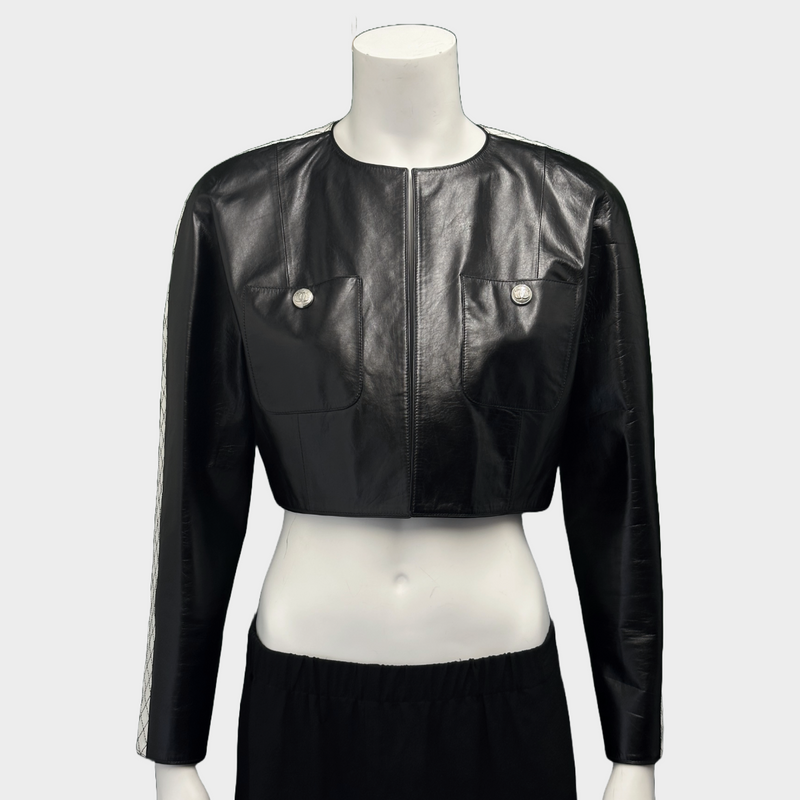 Chanel women's black and white leather cropped biker jacket