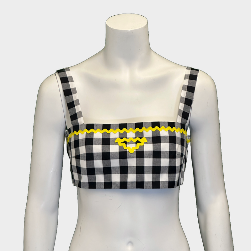 Prada women's black and white checkered set of top and trousers with yellow logo detail