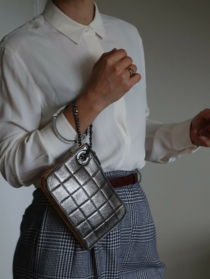 Chanel vintage gunmetal silver handcuff wristlet leather clutch bag