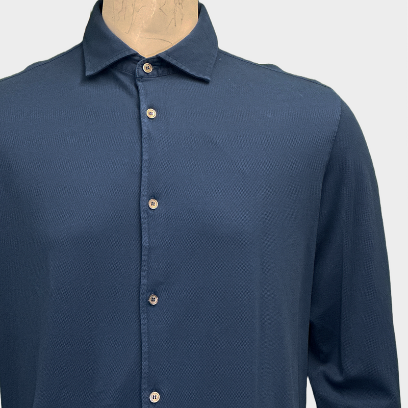 Fedeli men's navy cotton long-sleeved buttoned polo shirt