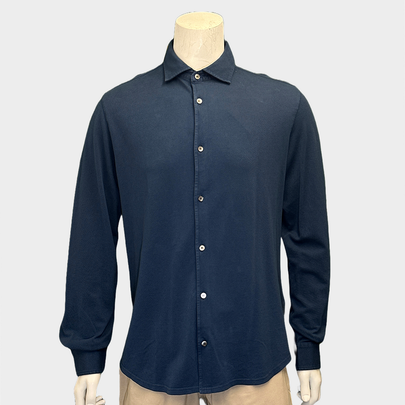 Fedeli men's navy cotton long-sleeved buttoned polo shirt