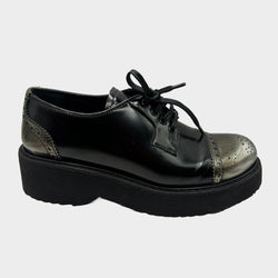 Prada women's black and silver leather platform-sole oxford shoes