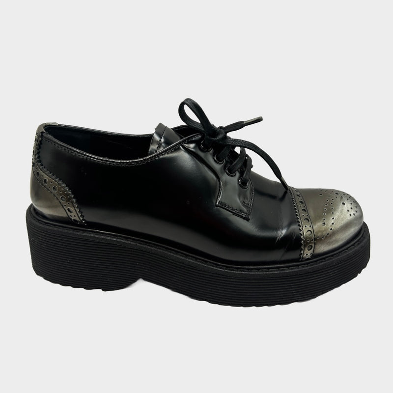 Prada women's black and silver leather platform-sole oxford shoes