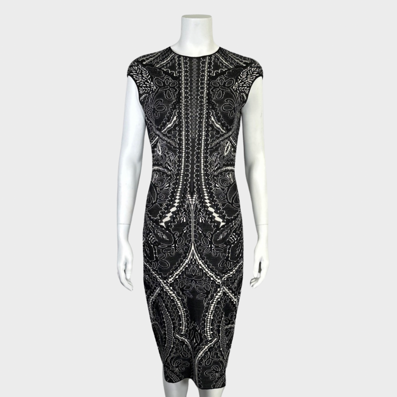 Alexander McQueen black and white paisley jacquard silk/wool dress