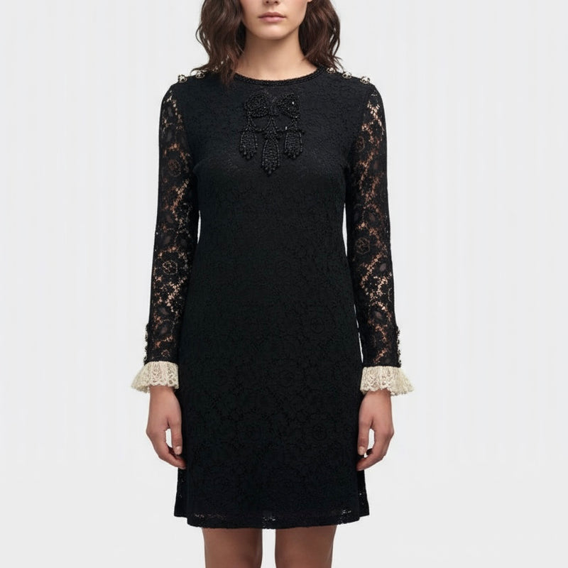 Gucci Black Sequin Cluny Lace Short Dress With Long Sleeves