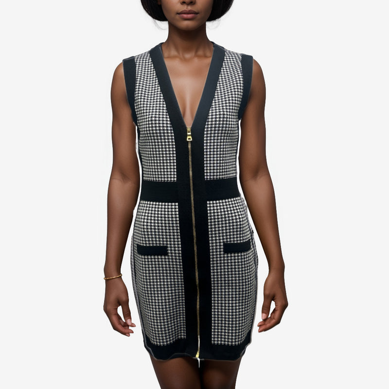 Balmain Black and White Stretch Knit Houndstooth Dress