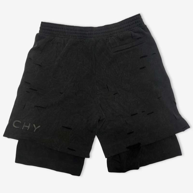 Givenchy men's black cotton distressed double-layer shorts