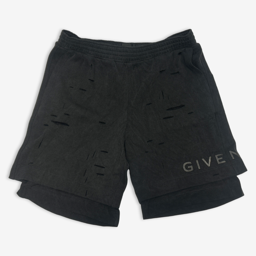 Givenchy men's black cotton distressed double-layer shorts