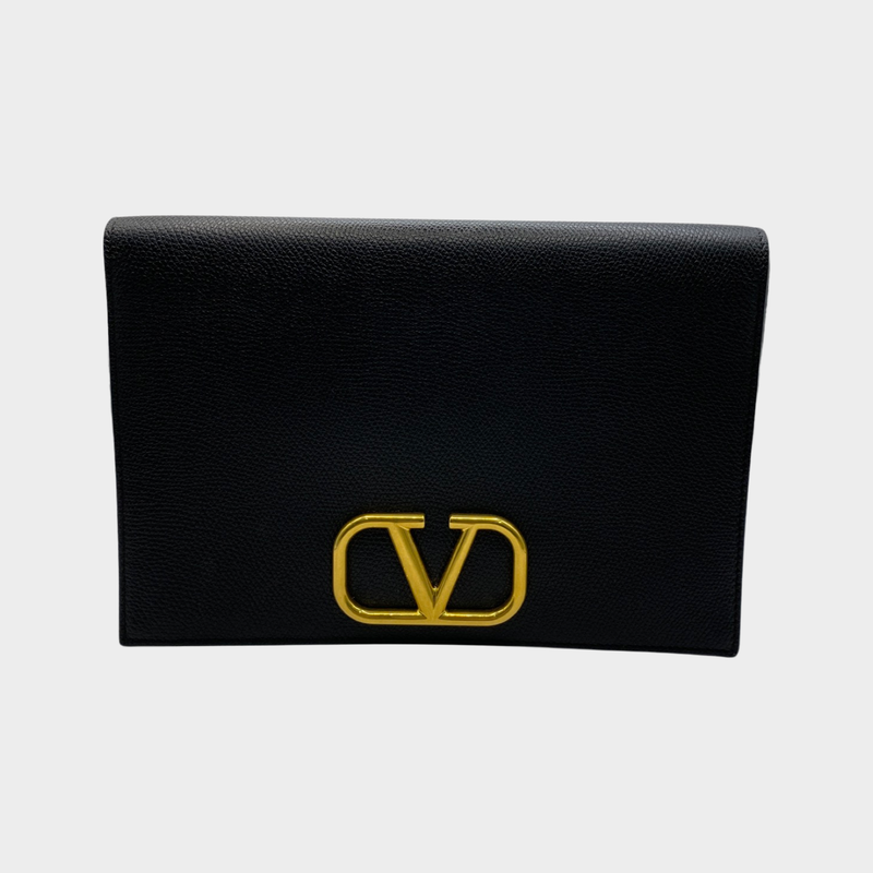 Valentino women's black leather with V gold hardware pouch