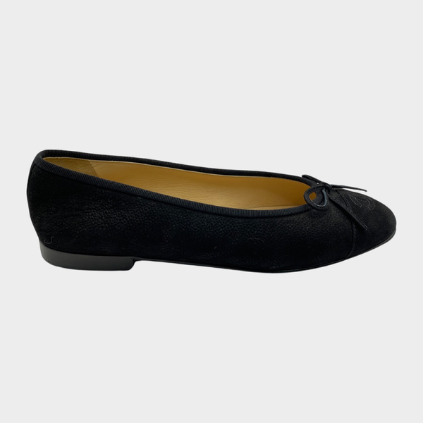 Chanel women's black grained suede ballerinas with bow
