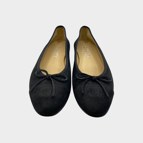 Chanel women's black grained suede ballerinas with bow