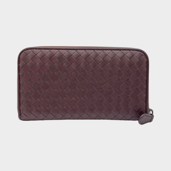 Bottega Veneta burgundy leather intrecciato zip around wallet