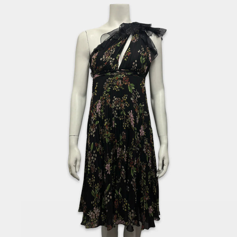 Giambattista Valli Black Floral Print Asymmetrical Silk Dress