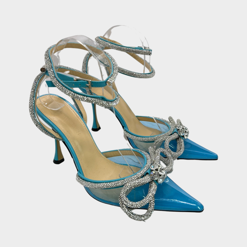 Mach&Mach blue clear crystal embellished lace up heeled pumps