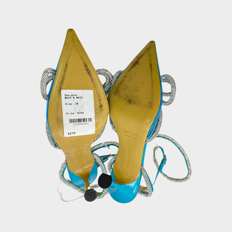 Mach&Mach blue clear crystal embellished lace up heeled pumps