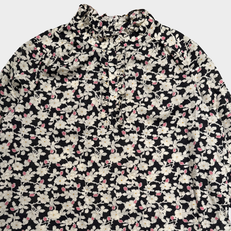 Bonpoint girl's black and pink flower print cotton long-sleeved blouse