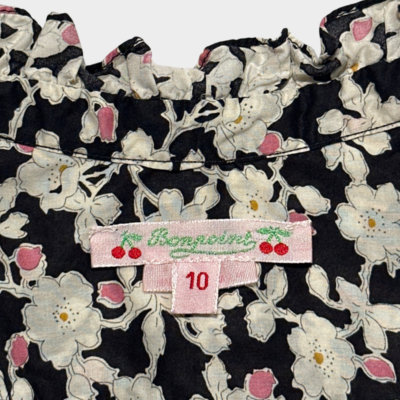Bonpoint girl's black and pink flower print cotton long-sleeved blouse