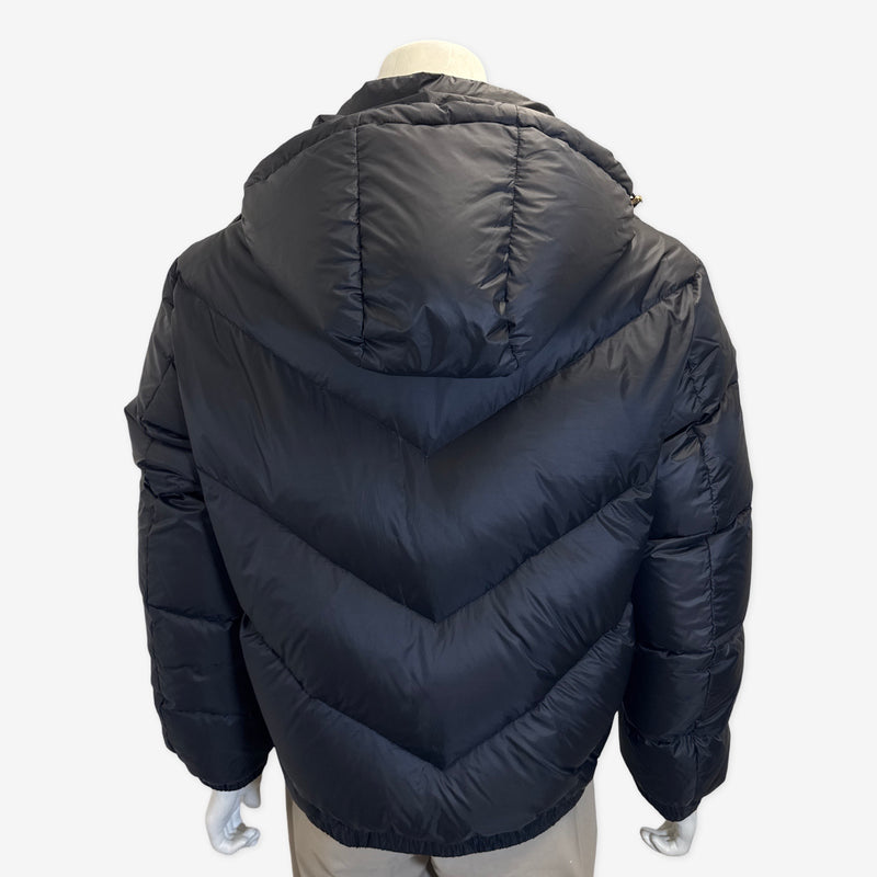 Versace men's black puffer jacket with gold zips