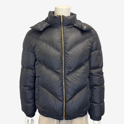 Versace men's black puffer jacket with gold zips