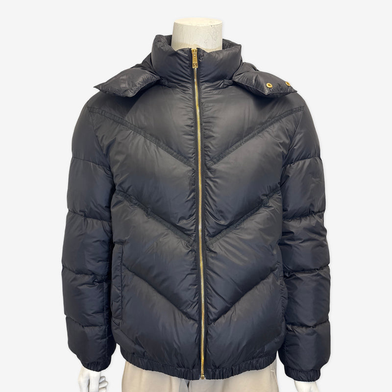 Versace men's black puffer jacket with gold zips
