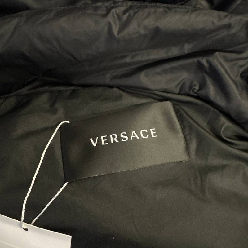 Versace men's black puffer jacket with gold zips