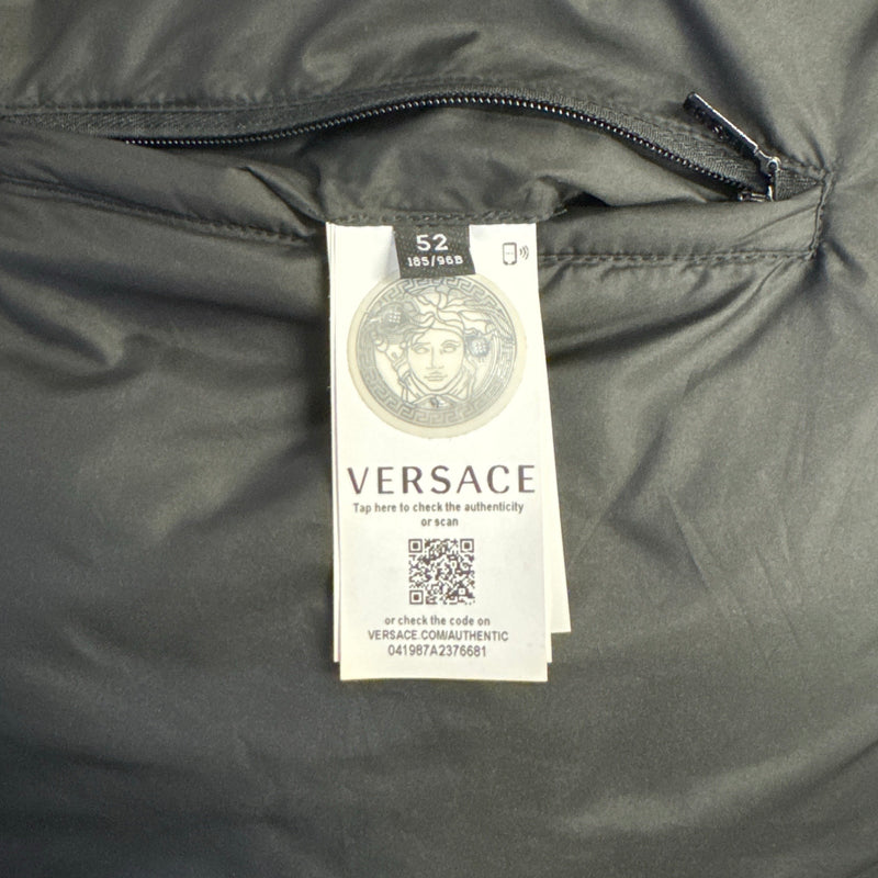 Versace men's black puffer jacket with gold zips