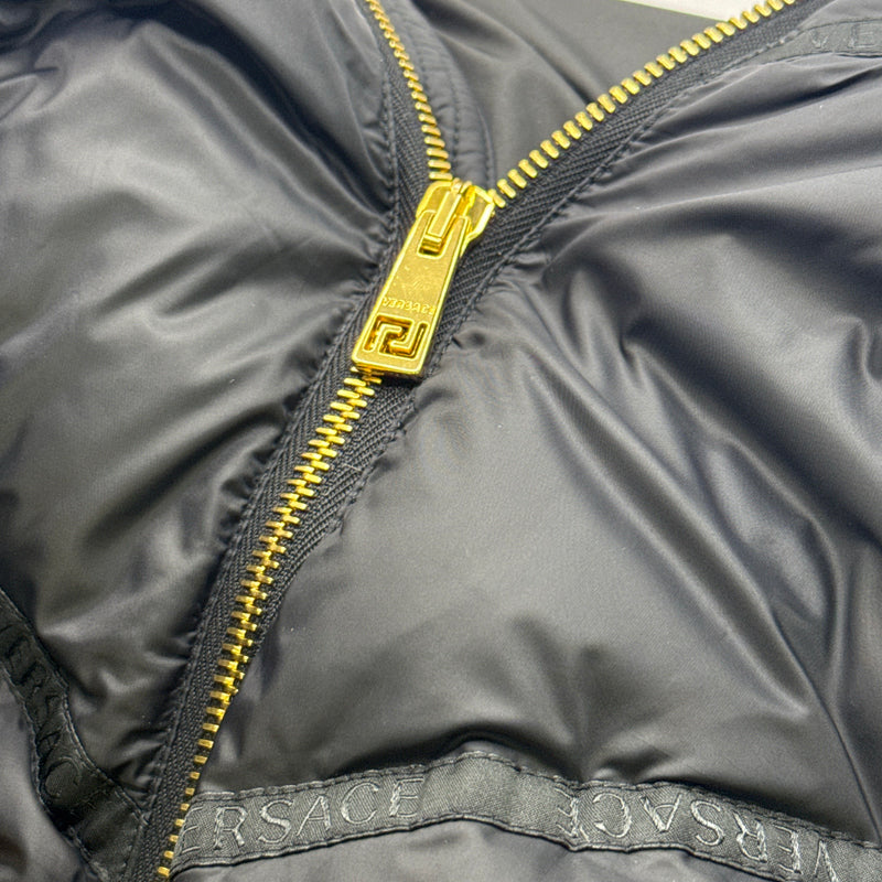 Versace men's black puffer jacket with gold zips