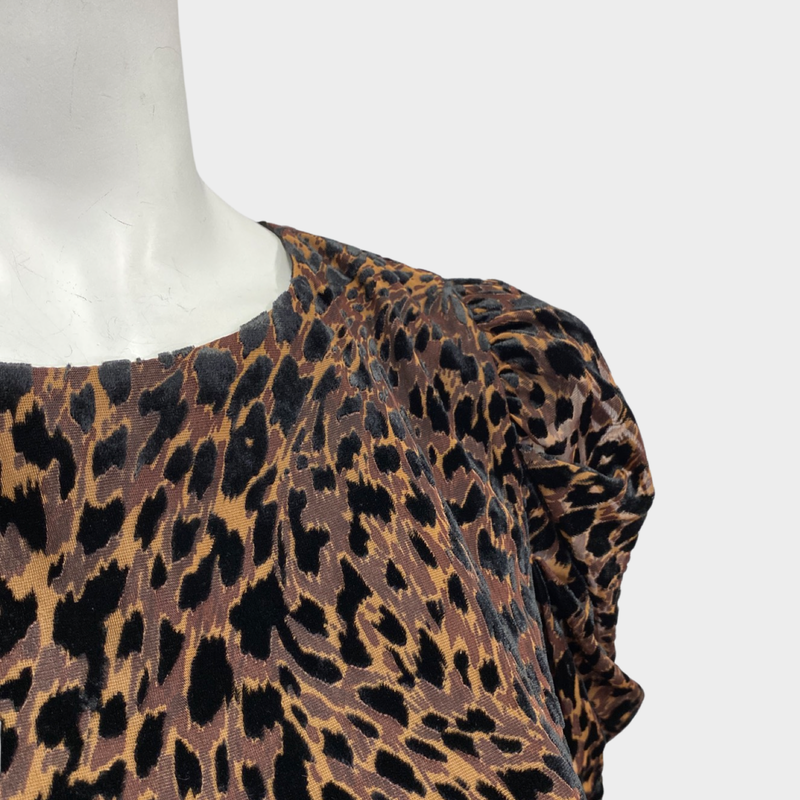 Elie Tahari women's brown animal print velvet trim blouse