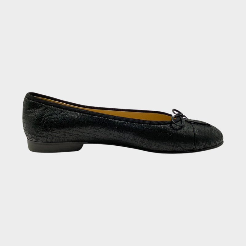 Chanel metallic black leather CC bow ballet flats