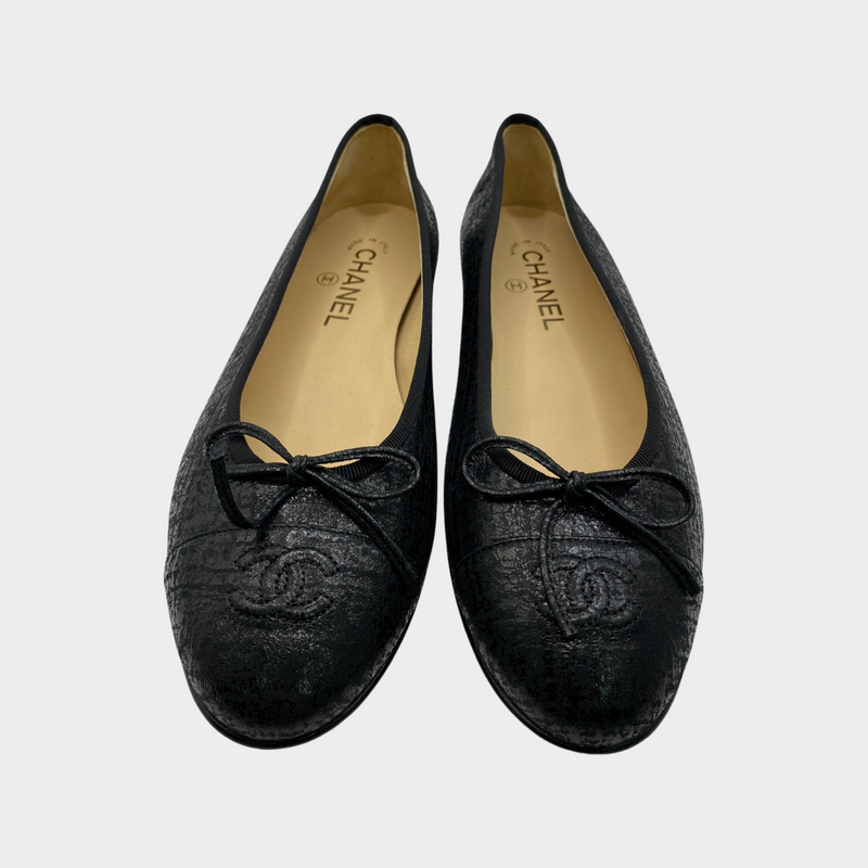 Chanel metallic black leather CC bow ballet flats